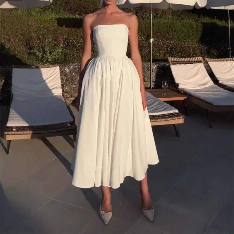 Sexy Women's Summer Outfit Fishbone Strapless Pure Desire Style Hot Girl Slim Fit Backless Midi Dress B5