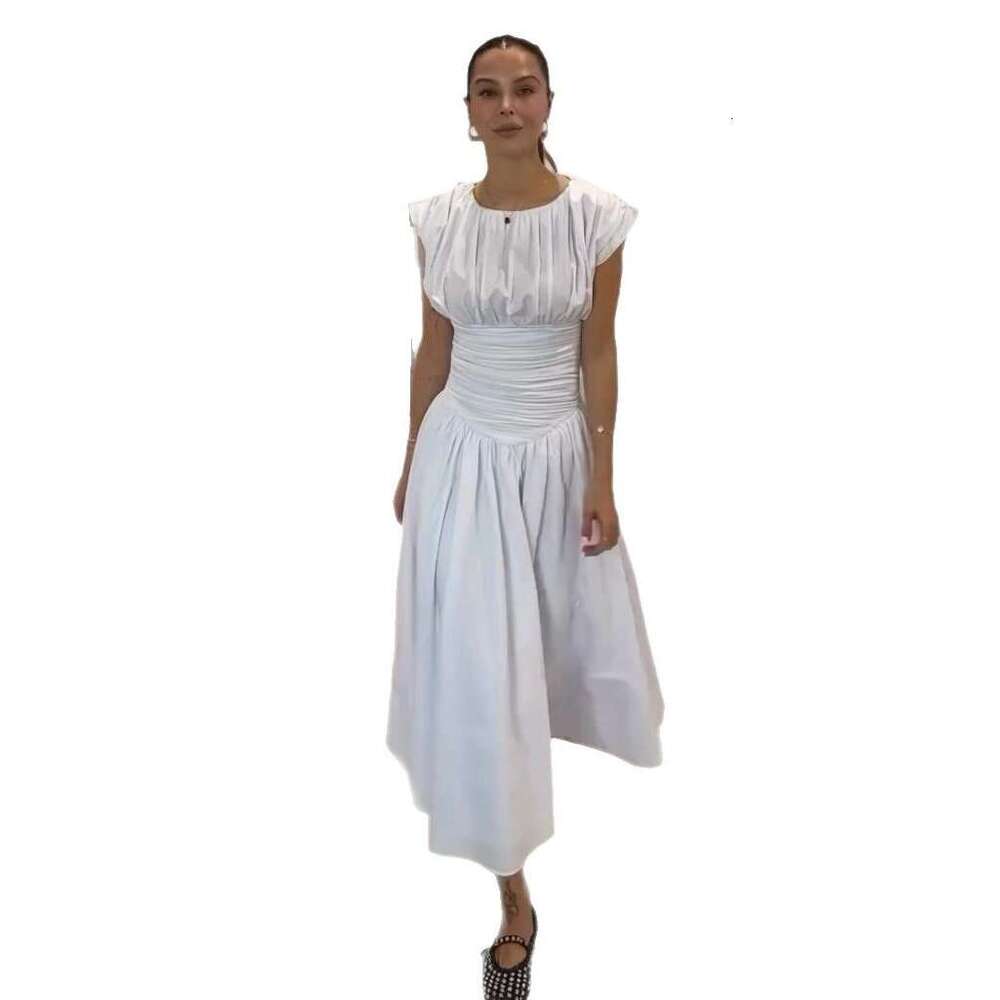 New Sweet Pure Desire Waist-Cinching Slimming A-Line French Style Girl Pleated Patchwork Short Sleeve Mid-Length Dress For Women B5