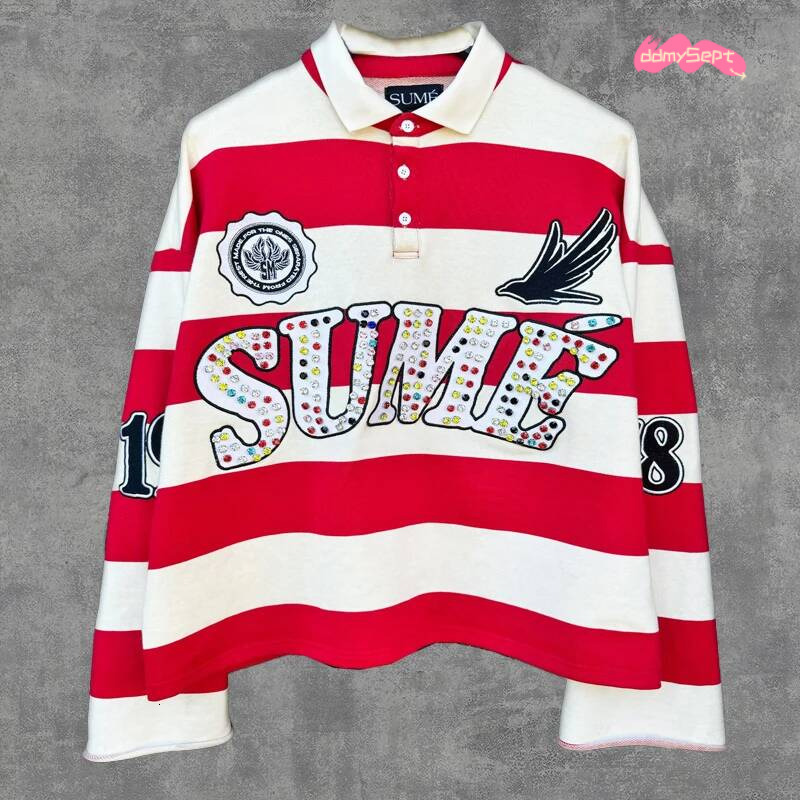 2 Pcs Co-ords Sume Rugby Dia Embroidery Stripe Polo Shirt Y2K Retro Classic Unisex Oversized Long Sleeved Shirts Sets ddmysept