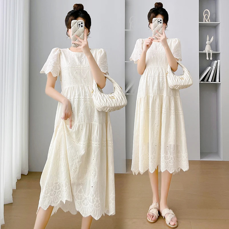Pregnant Woman Lace Dress Summer Short Sleeve O-Neck Hollow Out Maternity Cotton Dress Sweet Long Loose Princess Clothes 250715