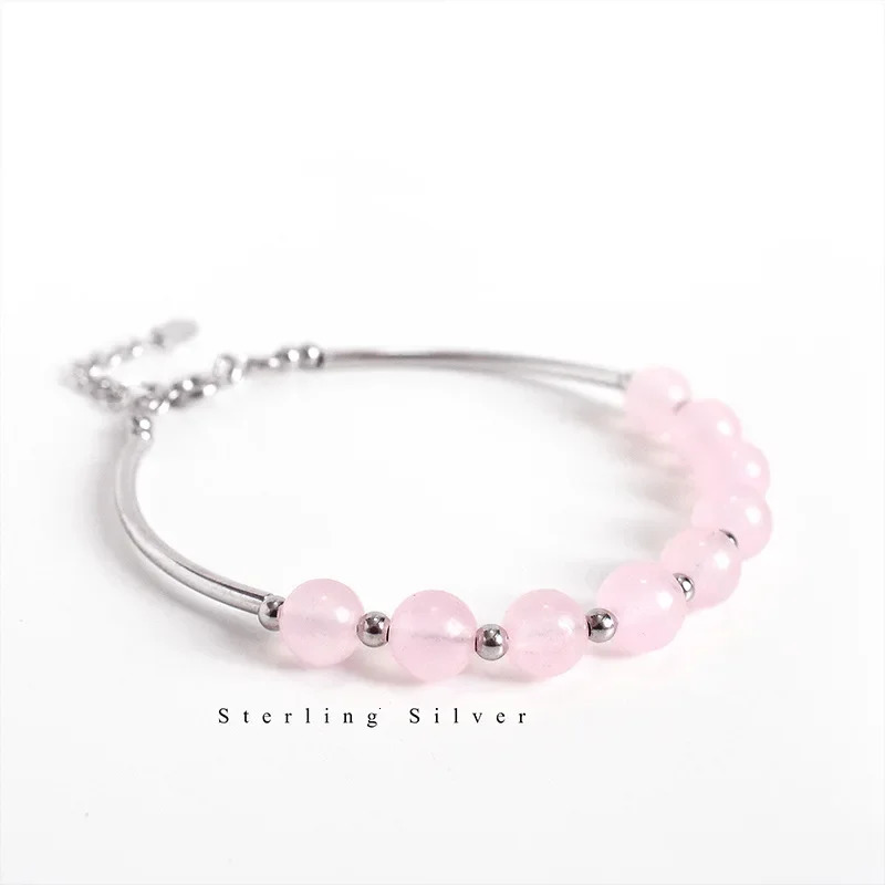 Light Pink Natural Rose Quartz 925 Sterling Silver Strand Bracelets Bangles for Women Female Fine Jewelry Accessories YBR165 250711