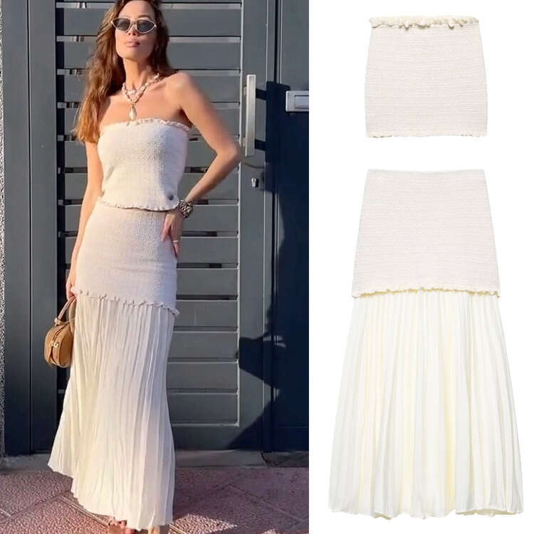 TRAFZA New Style Sexy Versatile Strapless Ruffle Top High Waist Slimming Patchwork Skirt Set B5