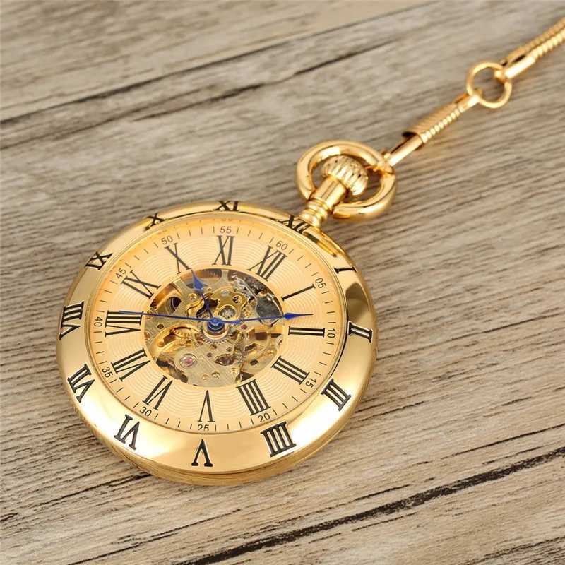 Gold/Silver Roman Numerals Open Face Men Women Mechanical Automatic Pocket Watch Pendant Chain Clock Skeleton Watches Gift Z250714