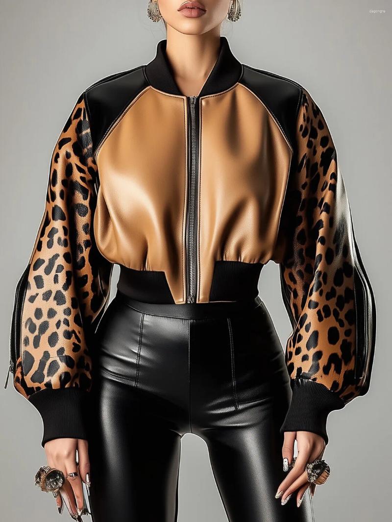 Women's Jackets PU Leather Jacket Leopard Print Patchwork Lantern Sleeve Coat Zippers Female Spring Autumn O Neck Short Baseball