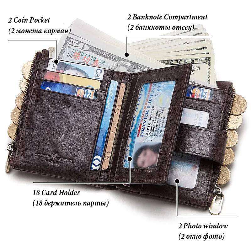 KAVIS Genuine Leather RFID Vintage Wallet With Card Holder For Men Short Hasp Zipper Coin Pocket Business Male Money Bag