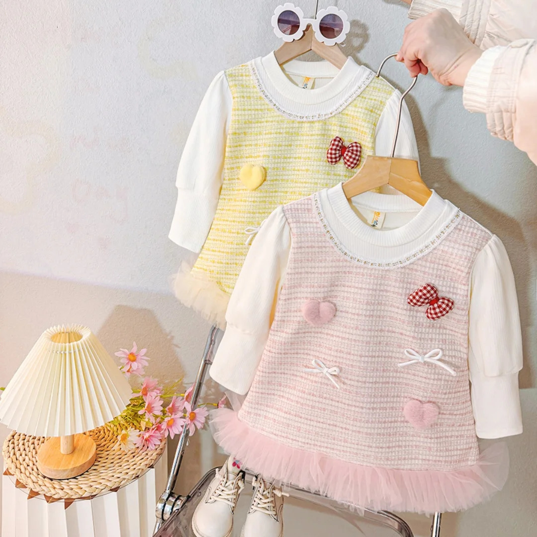 Baby Girl Dress Spring And Autumn Bow And Love Pattern Knitted Plaid Long-Sleeved Baby Dresses Cute Casual Girl Kids Dress 250715