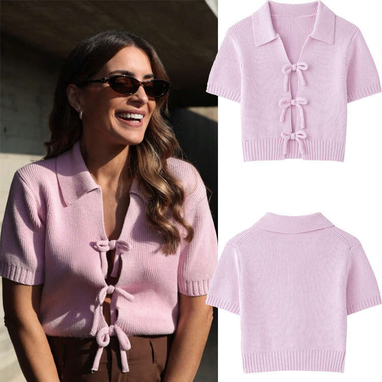 TRAFZA Style Spring And Autumn New Women's Classic Fashion Bowknot Decorated Knitted Top B5