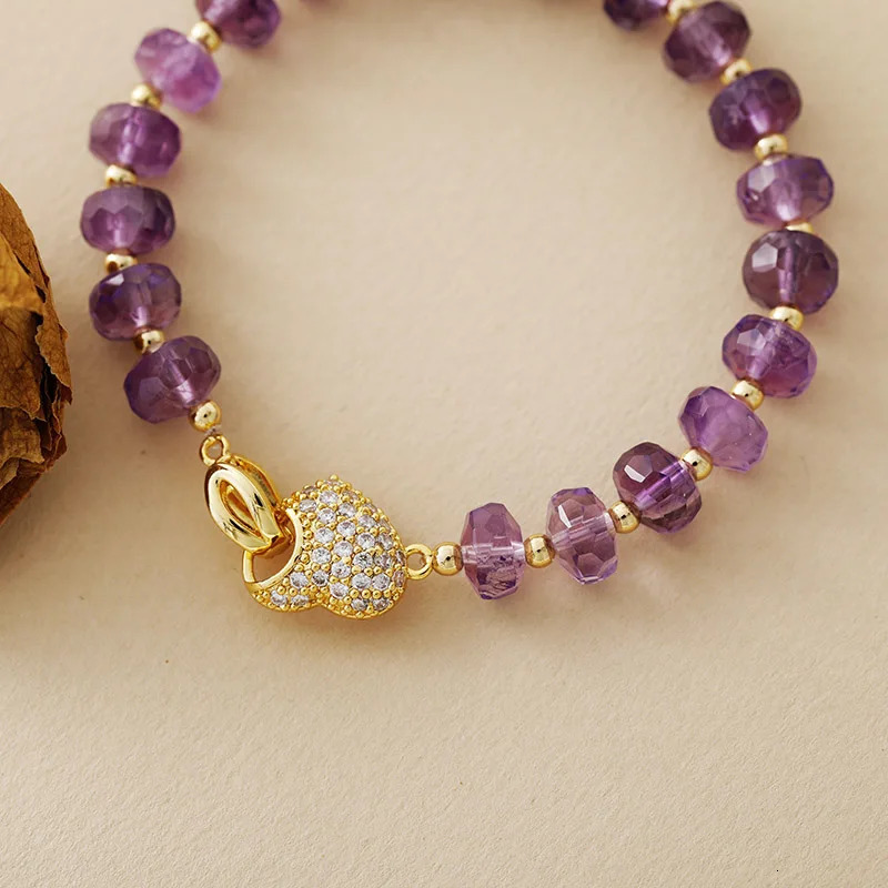 Healing Crystal Gemstones Amethysts Ctrine Heart Charm Clasp Bracelet For Women Zircon Brass Jewelry Femme 250711