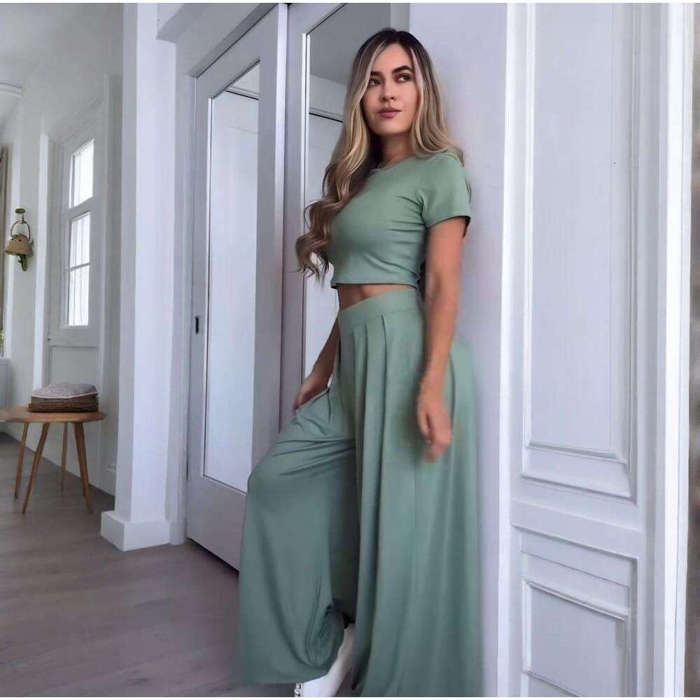 Summer Women's Round Neck Solid Color Sexy Wide Leg Pants Fashion Casual Set For Women B5