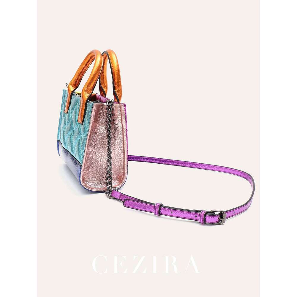 CEZIRA Women's Fashion Metallic Contrast Color PU Leather Handbag Two Sides Thread Top-Handle Tote Adjustable Strap Shoulder Bag