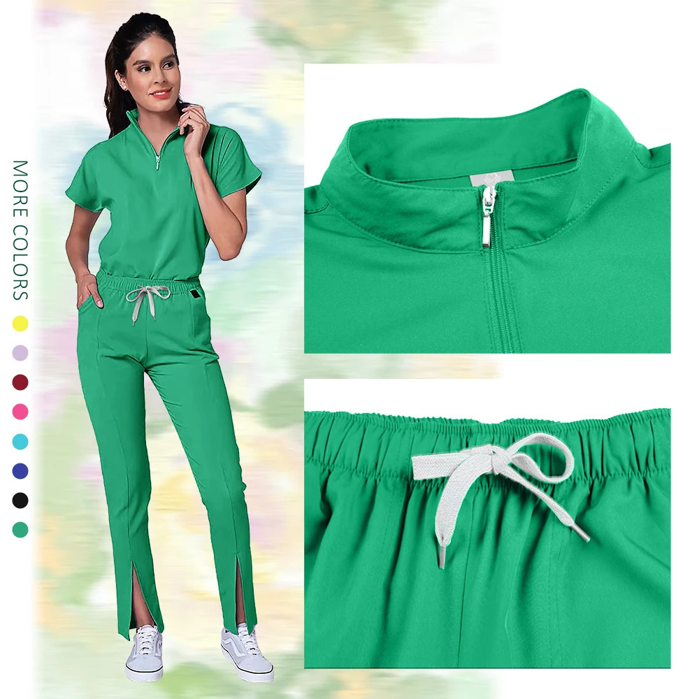 High Quality Nurse Uniform Scrub Set Women Zipper V-Neck Top and Pant Hospital Workwear Doctor Suits Beauty Workwear 250714