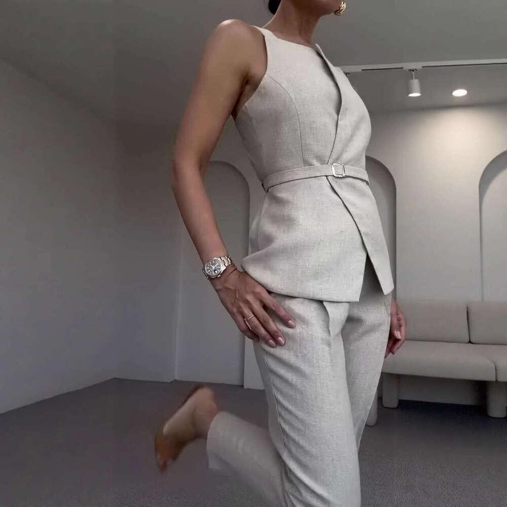 Summer New Women's Belt Solid Color Wide-Leg Pants Elegant Commuter Fashion Set B5