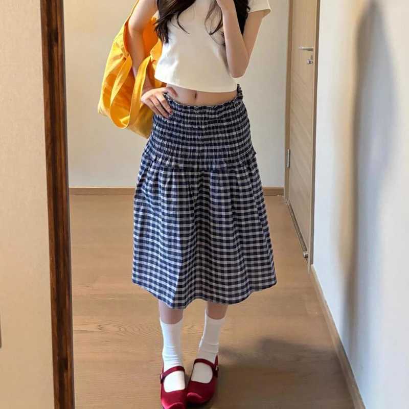 2025 Korean Elastic High Waist Plaid Skirt Women Summer Patchwork Sleeveless A Line Dress Chic Pleated Midi Skirts Female R250728