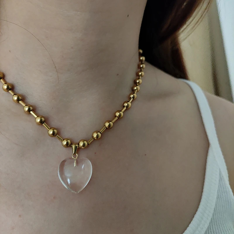 Transparent heart pendant necklace stainless steel ball chain statement necklace cute minimalist jewelry non tarnish in 250711
