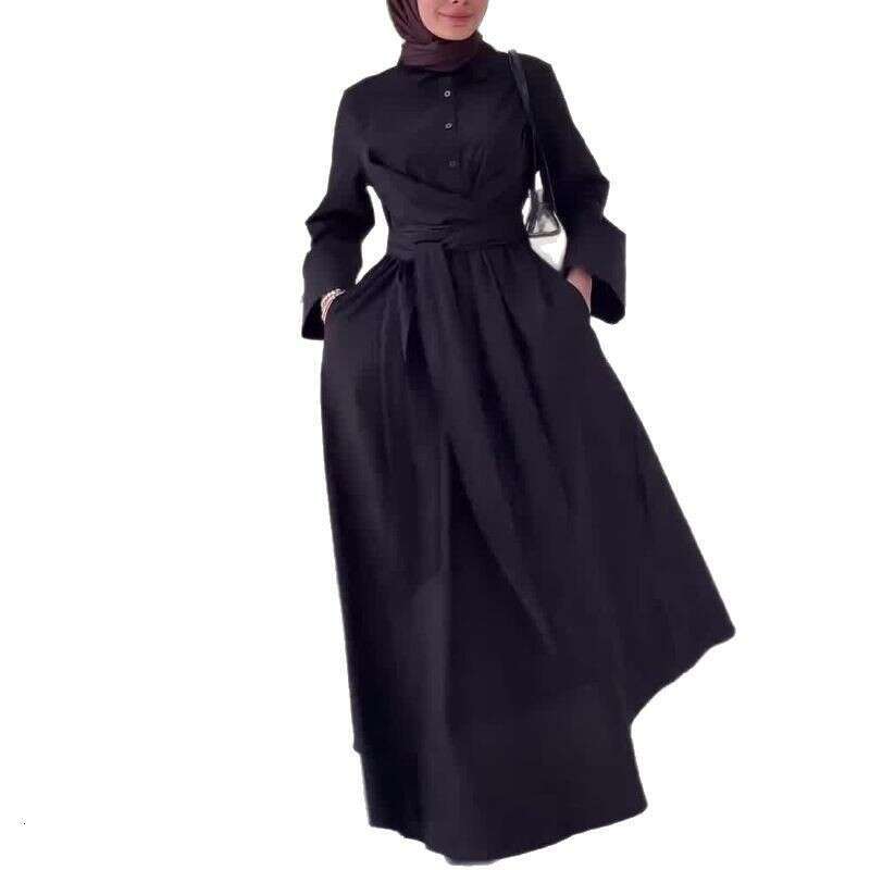 New Women's Autumn Turn-Down Collar Shirt High Waist Tie Commuter Dress B5