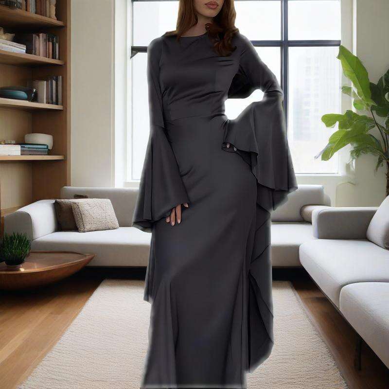Summer New Round Neck Flared Sleeve Women's Sexy Slim Evening Dress B5