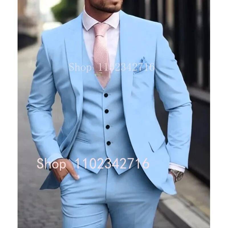 Pink Men Suits 2024 Slim Fit 3 Piece Jacket Pant With Vest Groom Wedding Tuxedo Costume Homme Formal Ocn Terno