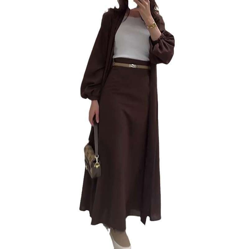 Women's Satin Puff Sleeve Dubai Elegant Cardigan Robe Tie Half Two-Piece Set B5