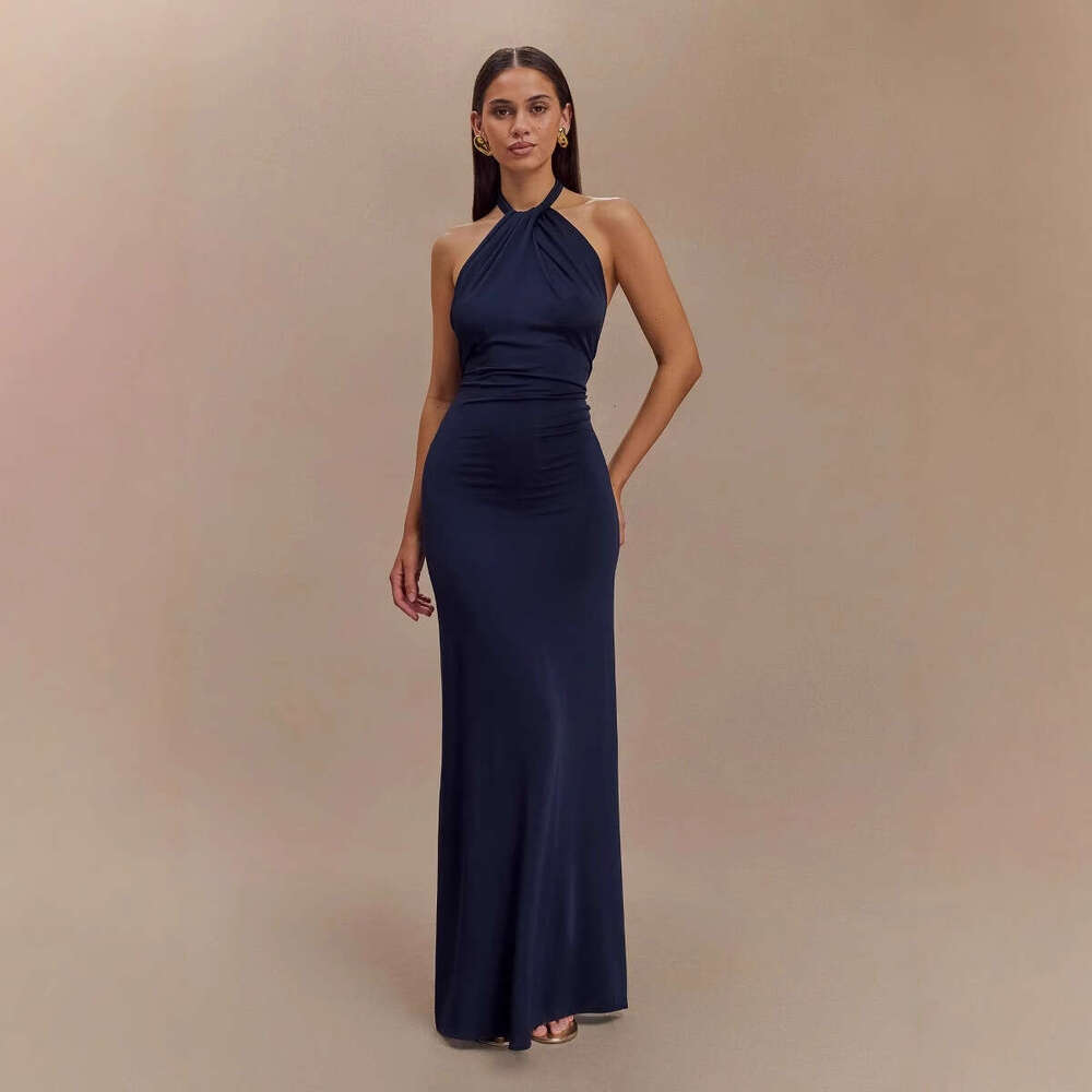 Summer New Women's Sexy Halter Neck Solid Color Sleeveless Elegant Waist-Cinching Dress B5