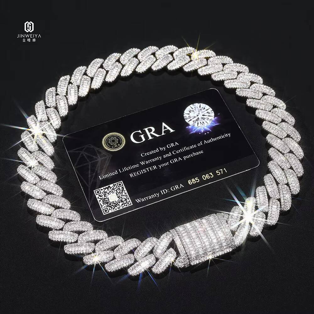 925 Silver VVs Moissanite 18mm Setting Baguettecz Miami Cuban Chain Necklace for Men Iced Out Heavy Cuban Link Chain Necklace