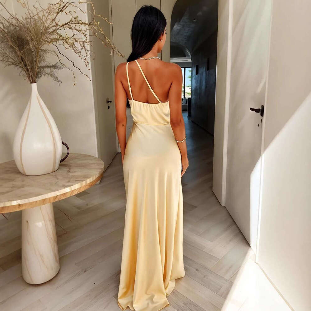 Summer New Women's Fashion Asymmetrical Neck Solid Color Elegant Slit Waist Dress B5