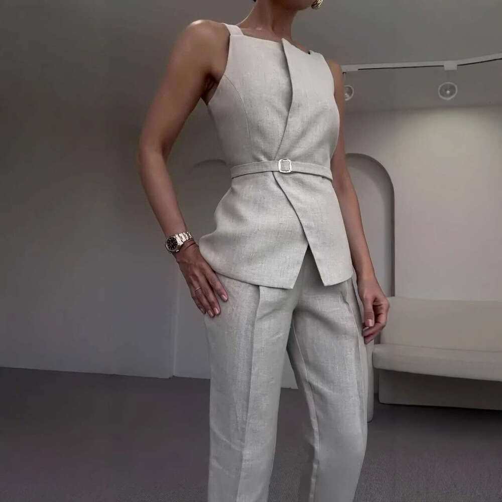 Summer New Women's Belt Solid Color Wide-Leg Pants Elegant Commuter Fashion Set B5