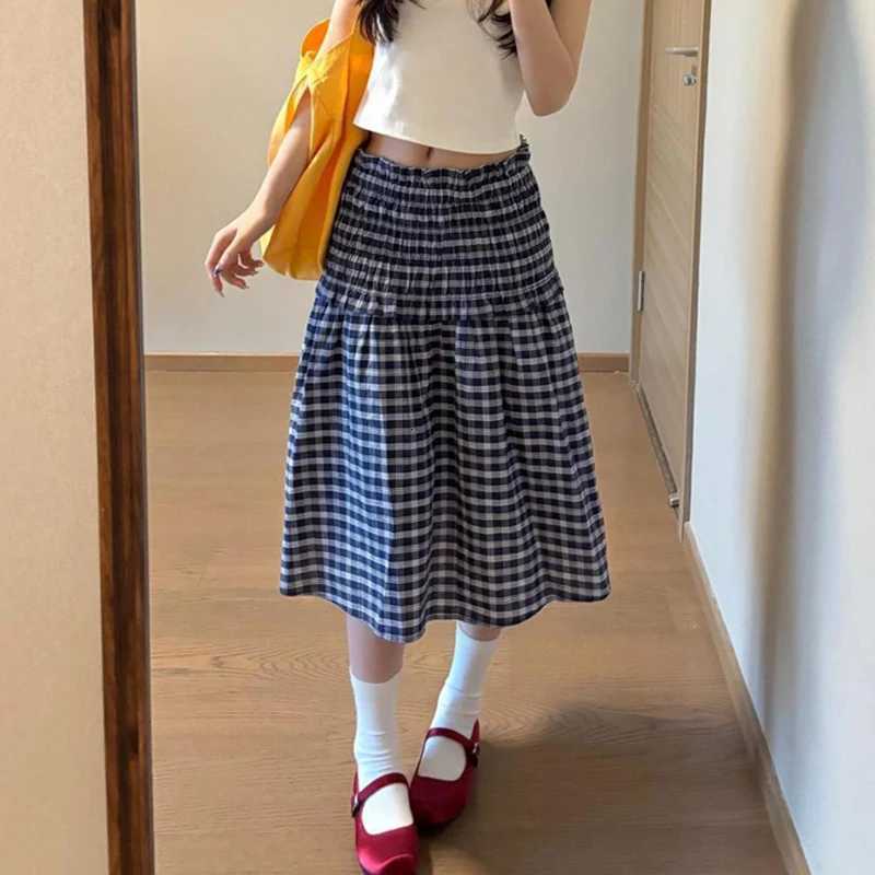 2025 Korean Elastic High Waist Plaid Skirt Women Summer Patchwork Sleeveless A Line Dress Chic Pleated Midi Skirts Female R250728