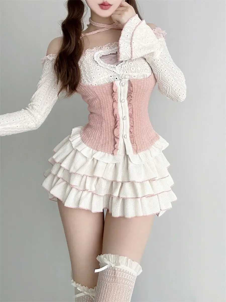 Lolita Sweet Suit Off Shoulder Long Sleeve Tops Mujer+ Sweet Slim Fit Pink Vest+ High Waist Skirts Kawaii Three Piece Sets R250715