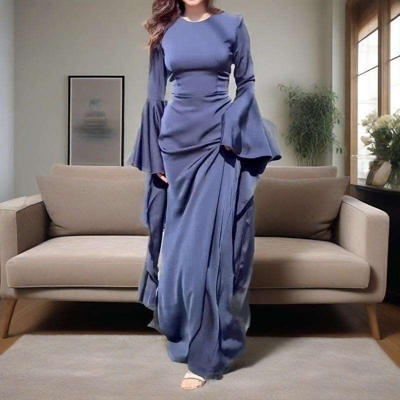 Summer New Round Neck Flared Sleeve Women's Sexy Slim Evening Dress B5