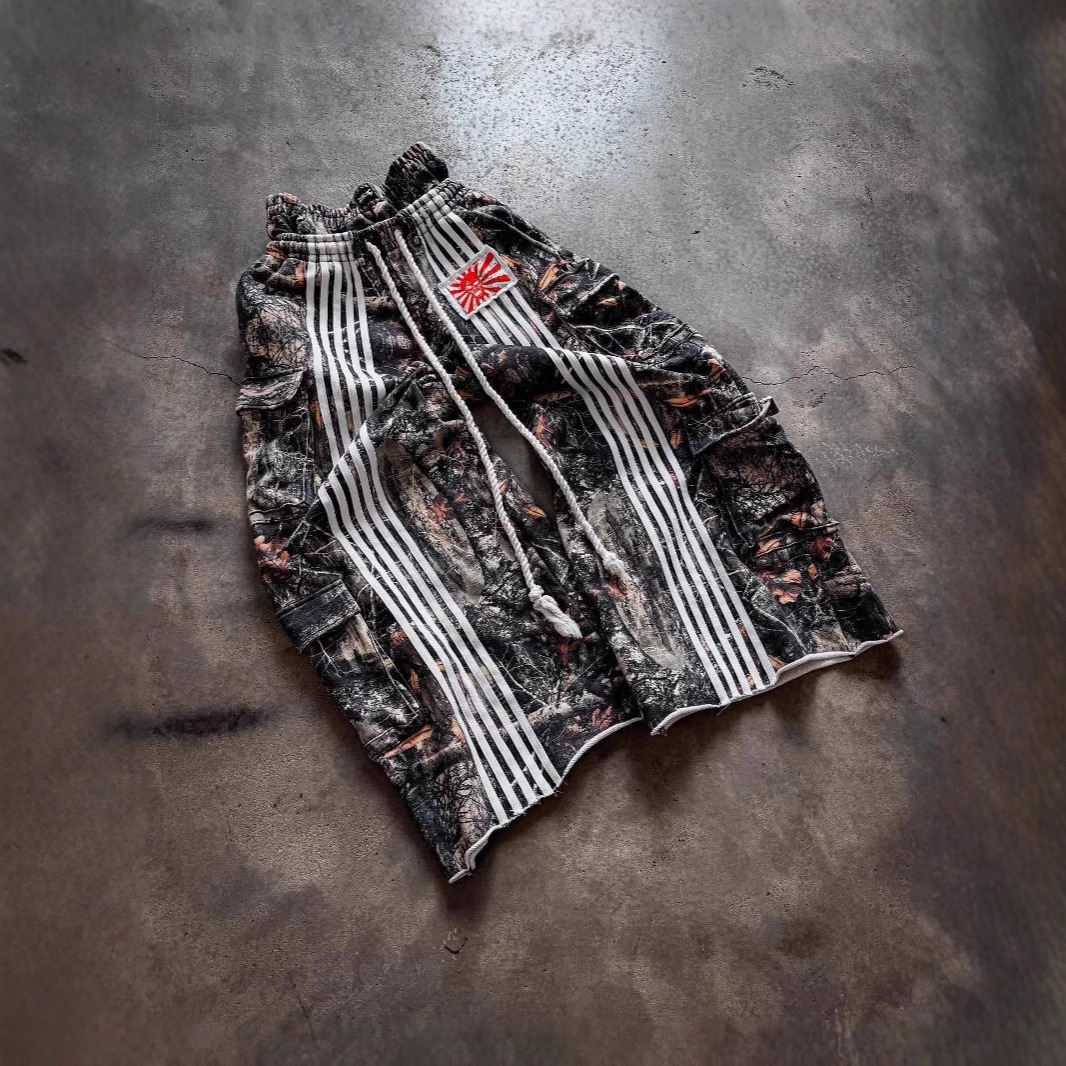 American high street workwear double waisted sweatpants leaf camouflage heavy striped loose wide leg pants y240910