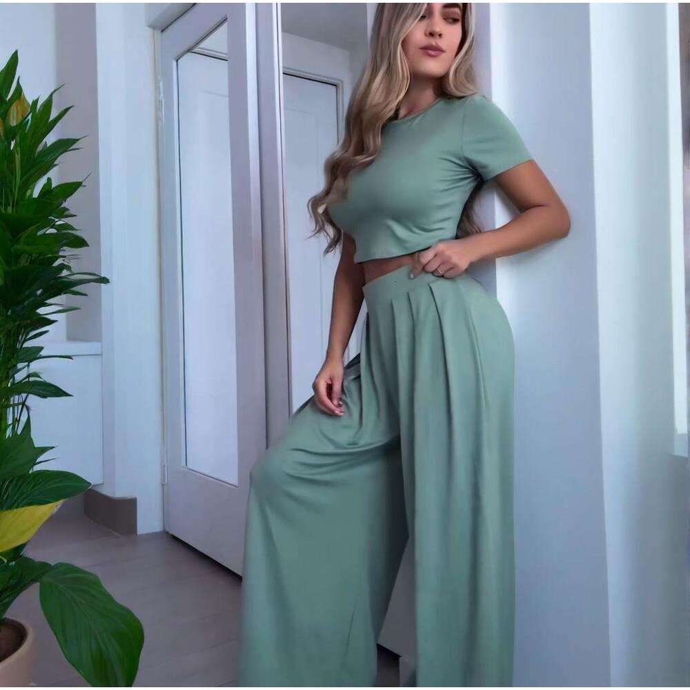 Summer Women's Round Neck Solid Color Sexy Wide Leg Pants Fashion Casual Set For Women B5