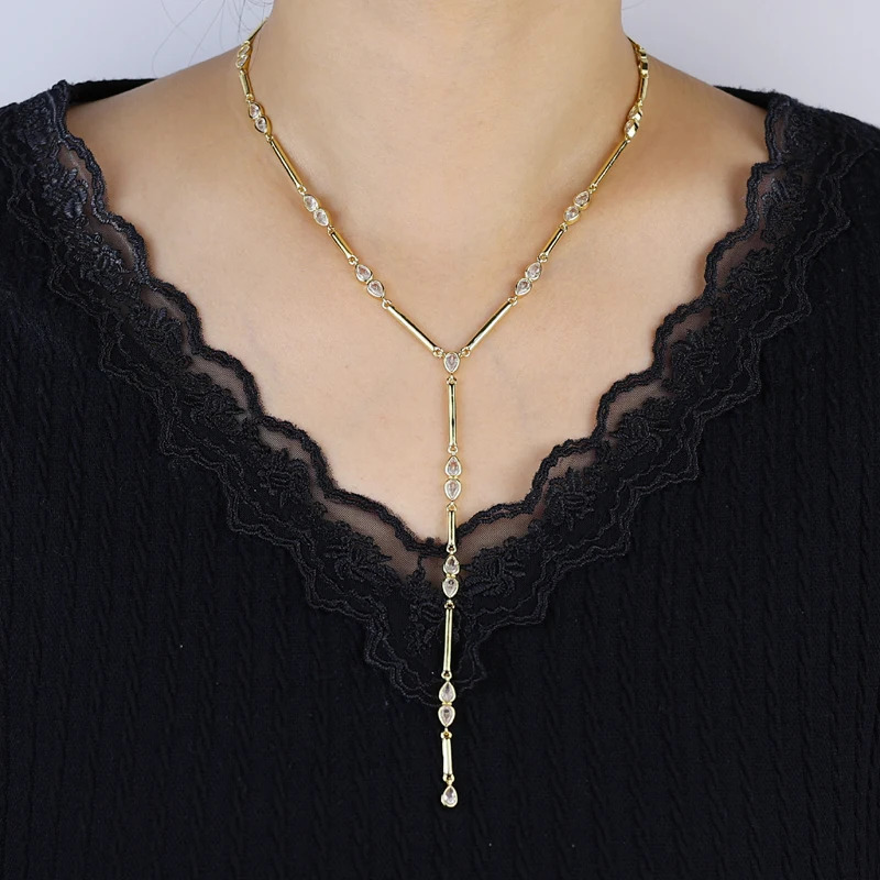 Gold Color Plain Geometric Various Shaped Bezel CZ Plain Bar Charm Sexy Y Shaped Fashion Women Necklace Jewelry 250711