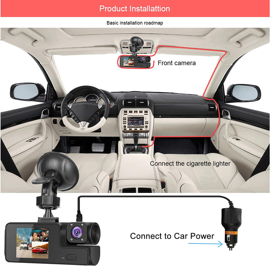 1080P FHD Car DVR Dash Camcorder Dual Cameras Front and Inside with Night Vision, Wireless App Control, Seamless Loop Recording