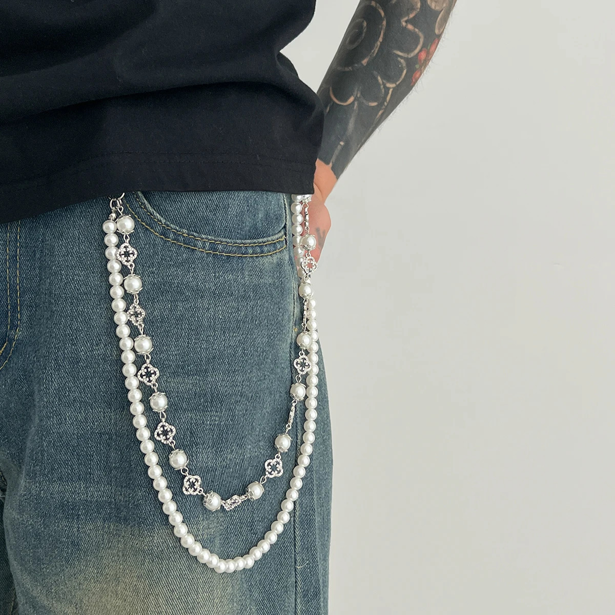 Ingemark Fashion Imitation Pearl Rhinestone Flower Jeans Pants Chain For Men Vintage Gold Color Wallet Key Chain Hip Hop Jewelry 250714