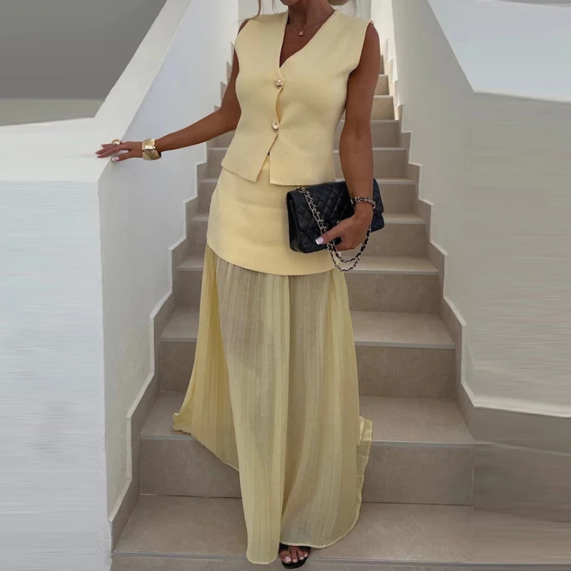 Temperament Buttoned V-Neck Vest Tops Long Skirts Party Club Suit Women Elegant Patchwork Slim Two-piece Knitted Dresses Set 250714