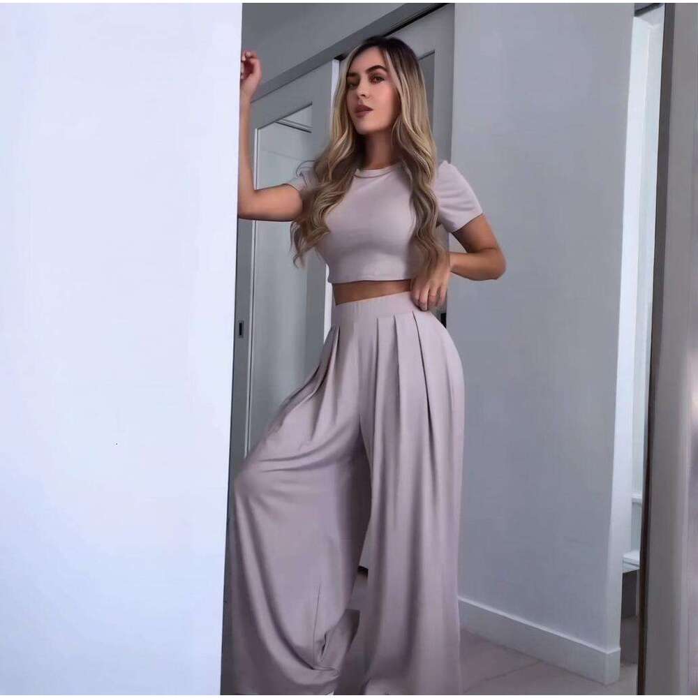 Summer Women's Round Neck Solid Color Sexy Wide Leg Pants Fashion Casual Set For Women B5