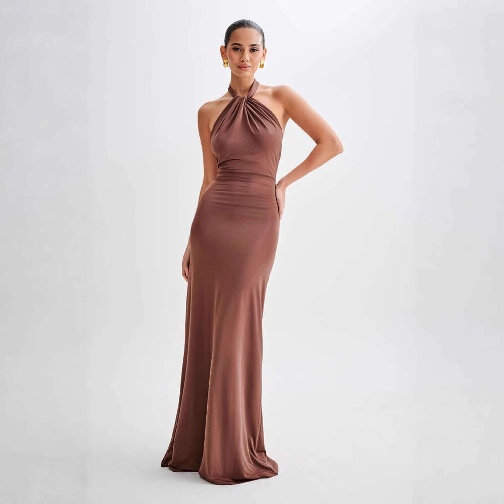 Summer New Women's Sexy Halter Neck Solid Color Sleeveless Elegant Waist-Cinching Dress B5