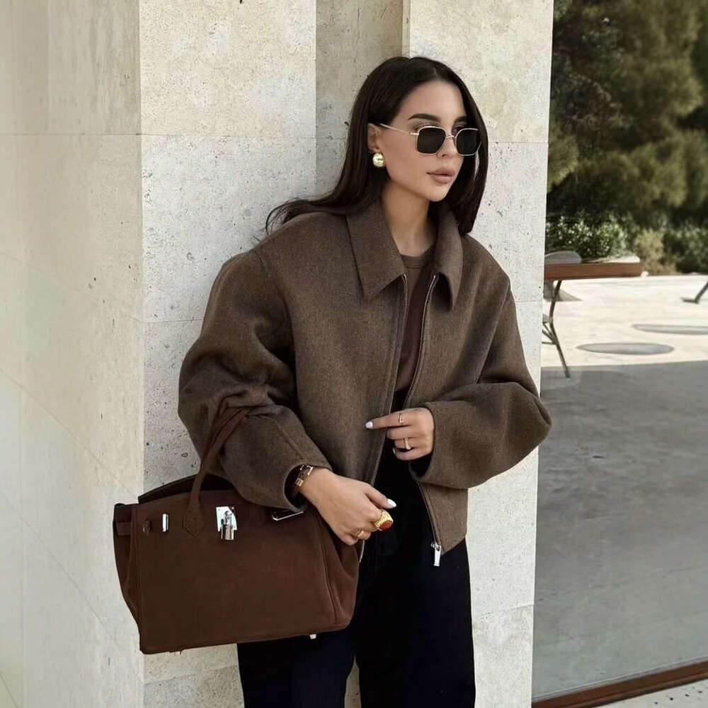 Autumn INS Fashion Three-Color Solid Wide Zipper Wool Coat For Women B5
