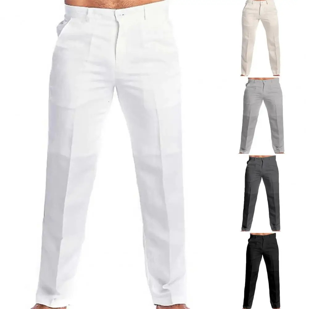2023 Mens Stand Pocket Casual Linen Pants Solid White Gray Trouser Plus Size 3xl Elegant Fashion Sweatpants Men Streetwear 250714