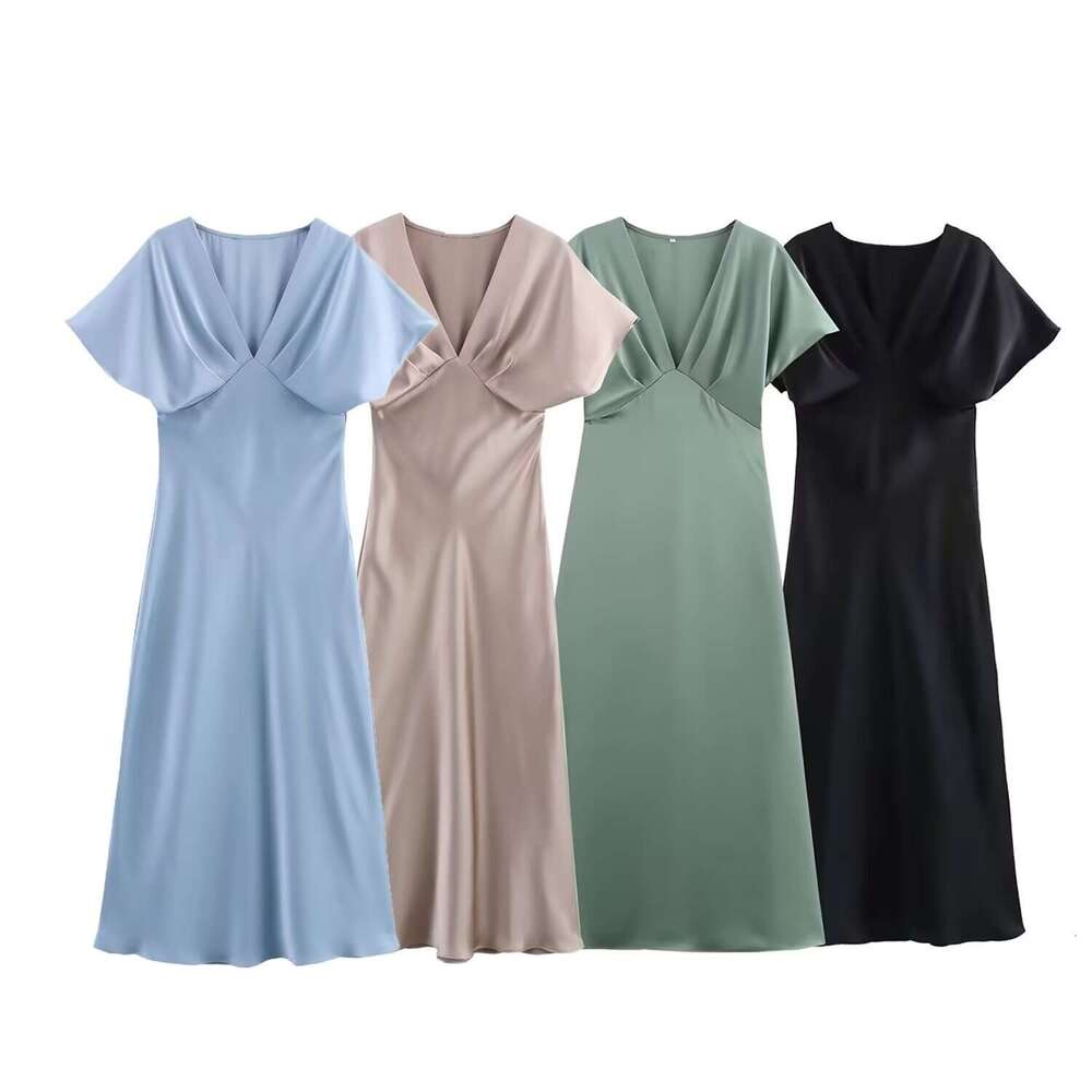TRAFZA Spring Summer New Style Women's Fashionable Elegant Casual Satin Texture Dress B5