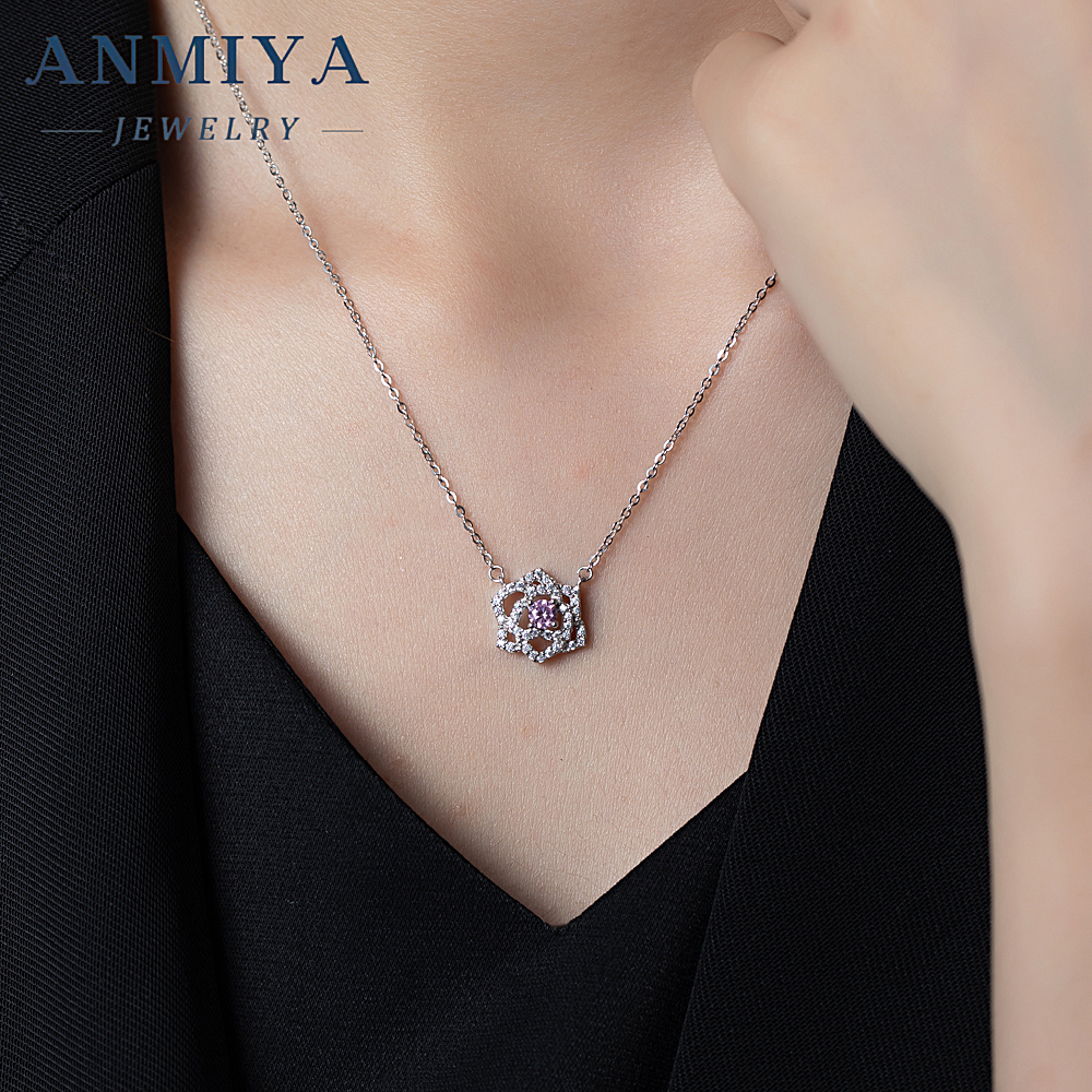 Custom 925 Sterling Silver pink Rose Shape Round Brilliant Cut Zirconia Necklace Pendant for Women