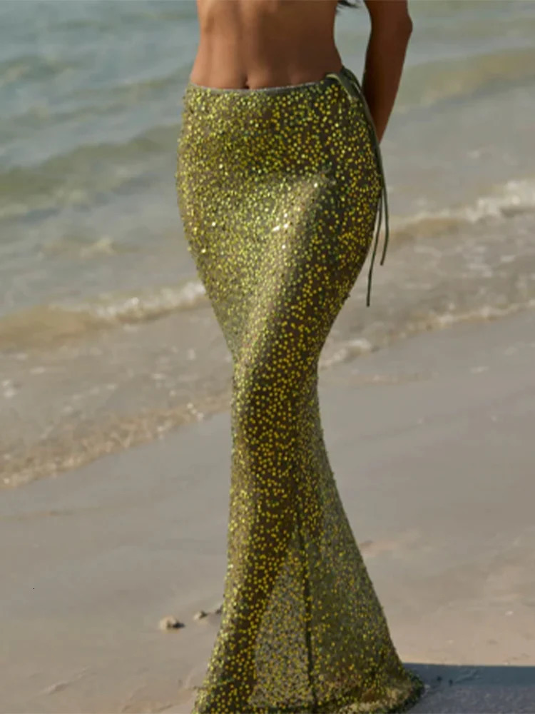 Sexy Sequin Short Shirt Long Skirt Set Women Retro Glitter Off Shoulder Tops Low Waist Slim Skirts Females Sets Party Outfits 250714