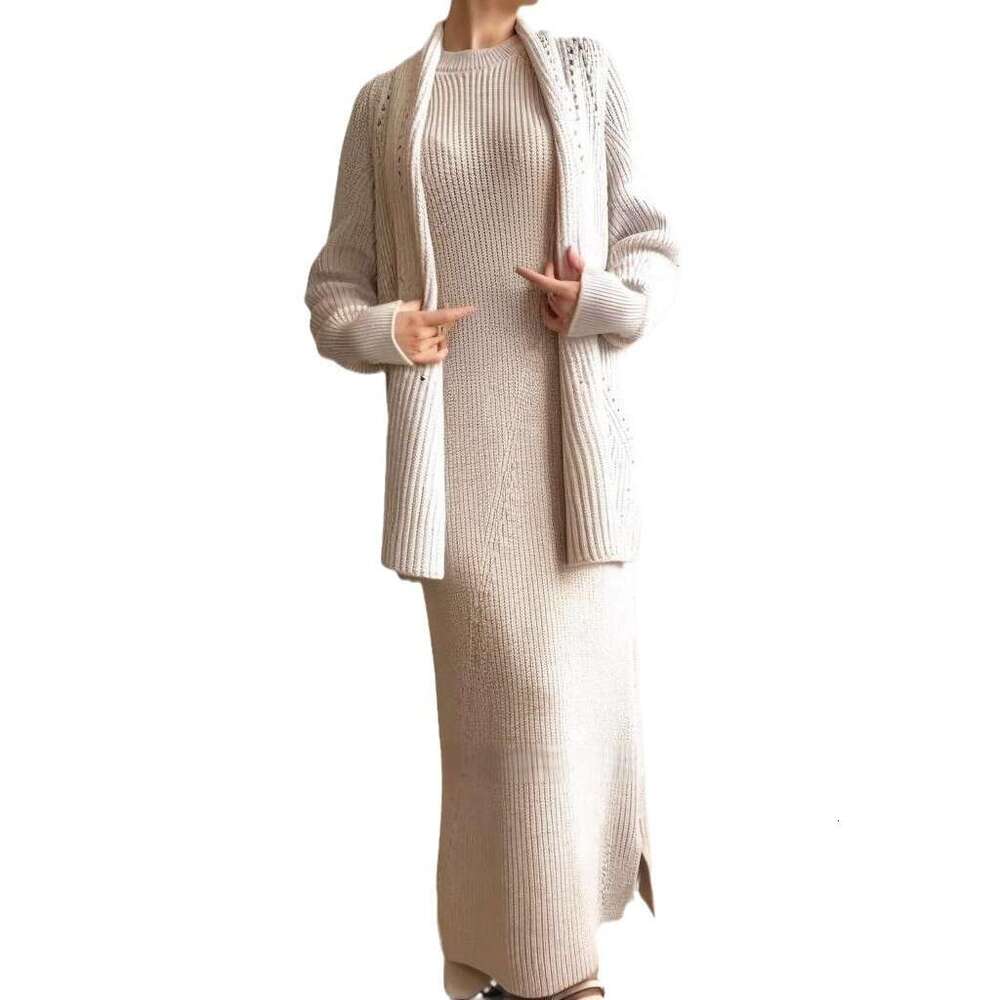 New Russian Women's Fashion Solid Color Elegant Slim Long Dress Two-Piece Set B5