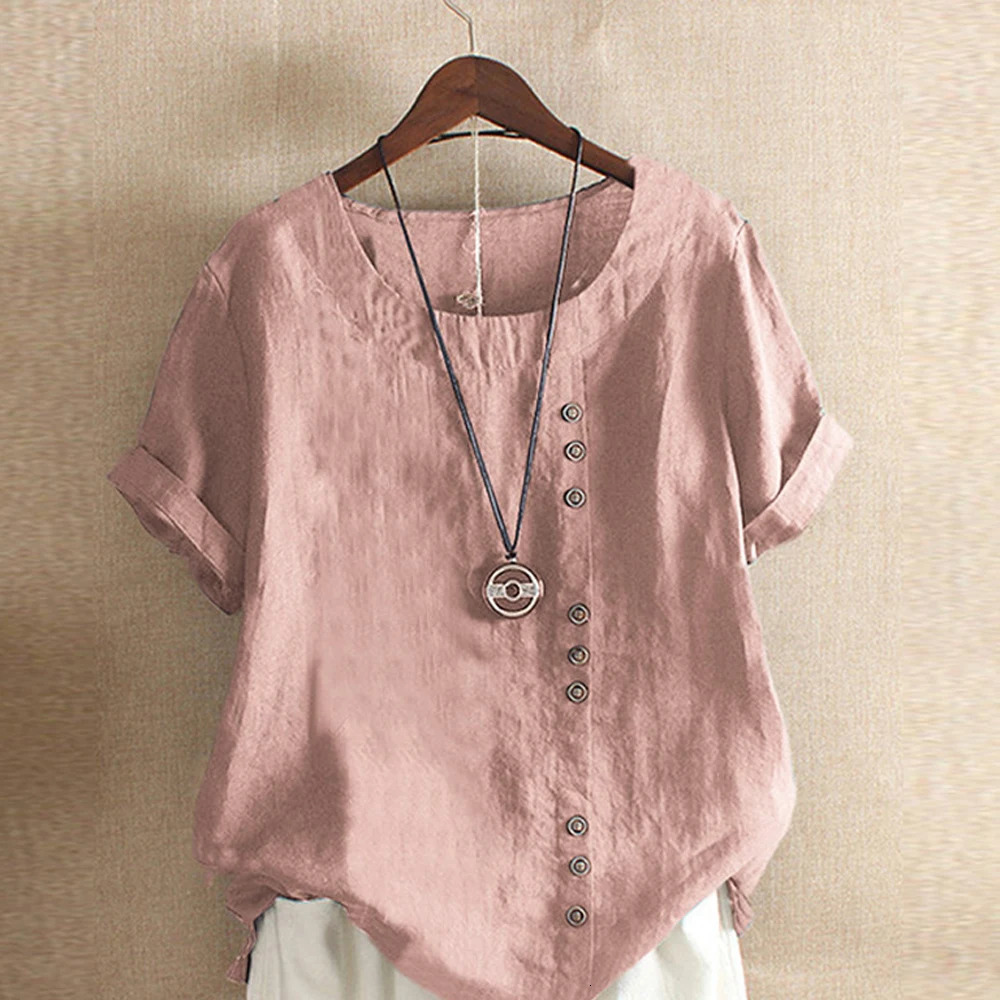 18 Colors S5XL Women Cotton Linen Button Blouse Summer Female ONeck Short Sleeve Solid Shirt Tops WYLPM03 250714