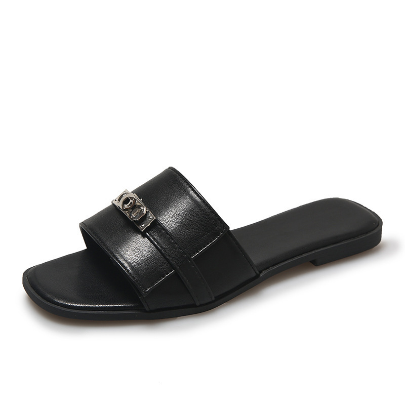 Outdoor Beach 2025 Summer Korean Style Small Silver Buckle One-strap Summer Sandals Famous Designer French Flat Sandals Designer Half Slippers For Out