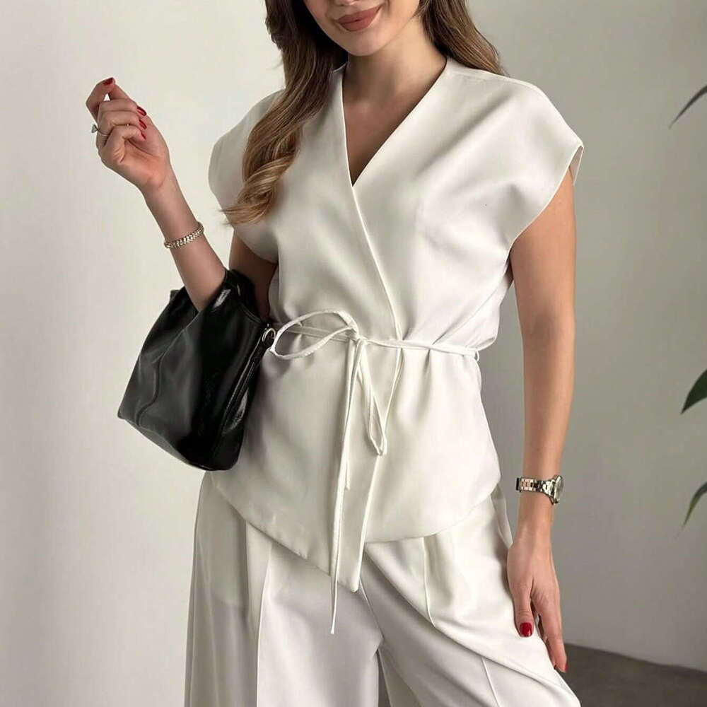 TRAFZA Spring Summer New Style Women's Fashionable Casual Sleeveless Double-Breasted Vest And Pleated Pants Set B5