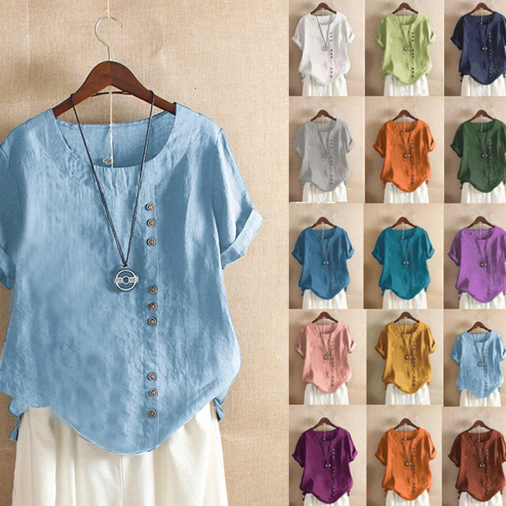 18 Colors S5XL Women Cotton Linen Button Blouse Summer Female ONeck Short Sleeve Solid Shirt Tops WYLPM03 250714