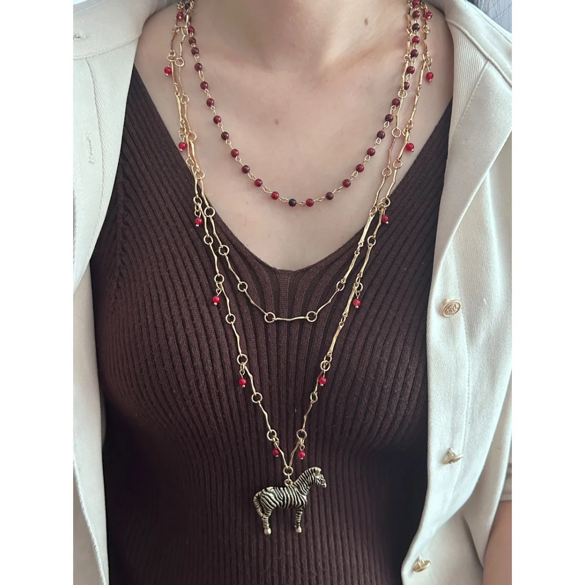 Trendy and Luxurious with Multiple Layers of Stacked Bead Chains Alloy Animal Zebra Pendant Necklace and Accessories 250711