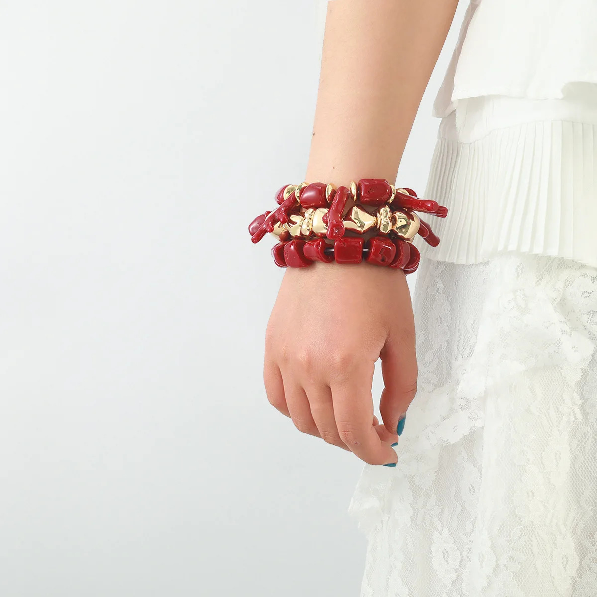 ZAA Exaggerated Summer Vacation Style Red Coral Bracelet 3-Piece Set 250711