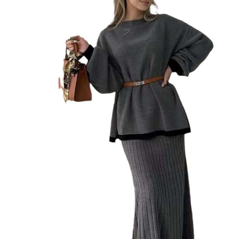 Autumn New Women's Long Sleeve Knitted Sweatshirt Waist-Cinching Half Skirt Set For Women B5